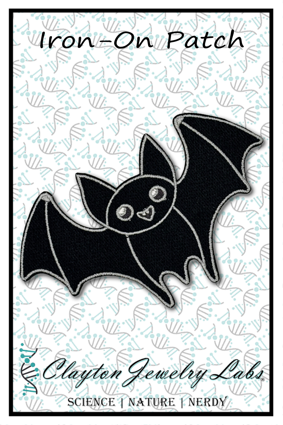 Bat-shaped iron-on patch with Clayton Jewelry Labs branding on a white background