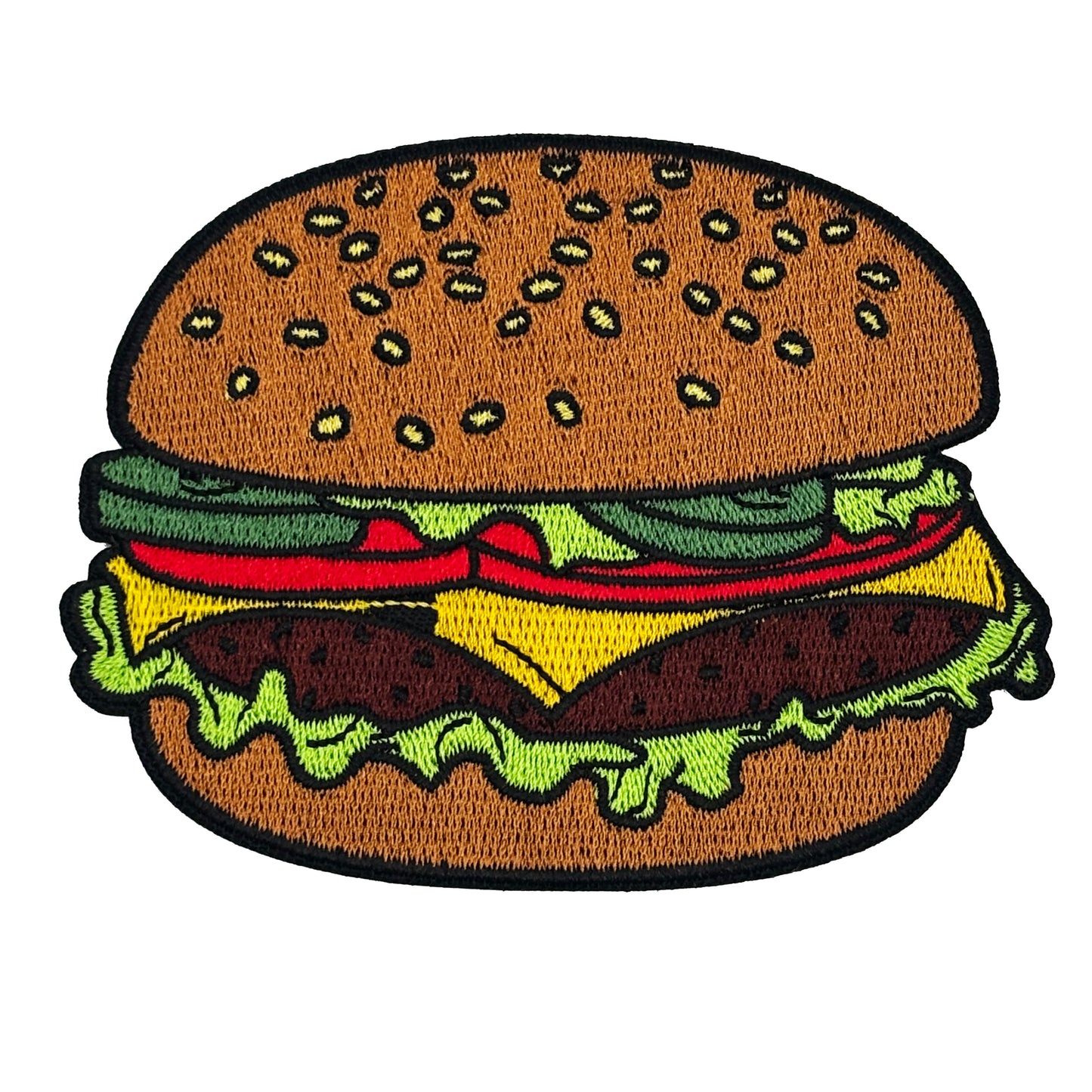 Embroidered patch of a hamburger with brown bun, lettuce, tomato, and beef patty on a white background.