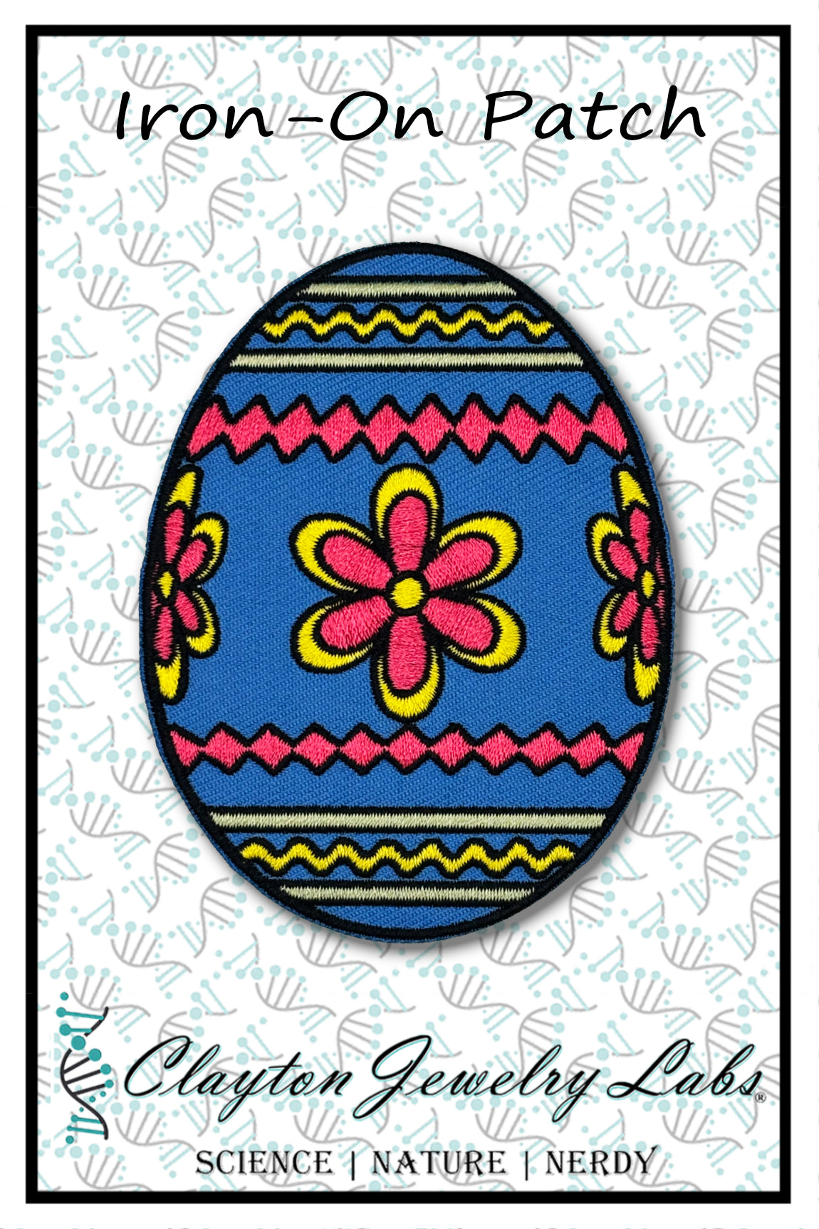 Colorful Easter egg patch with floral design on a white background, branded 'Clayton Jewelry Labs'.