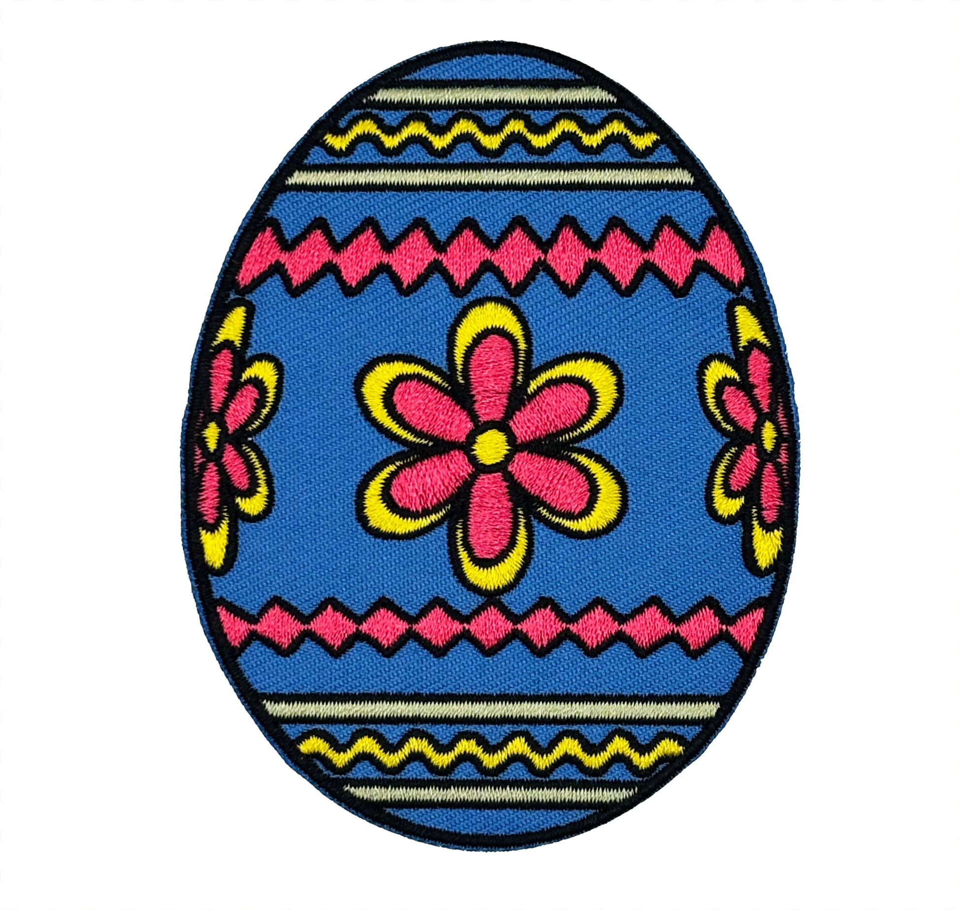 Decorative patch of a blue Easter egg with pink flowers and yellow accents on a white background