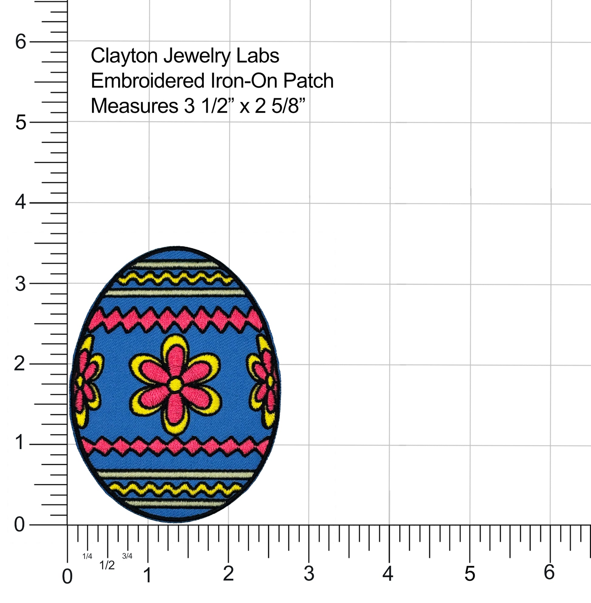 Colorful embroidered iron-on patch of an egg with floral patterns on a white background with measurement scale.