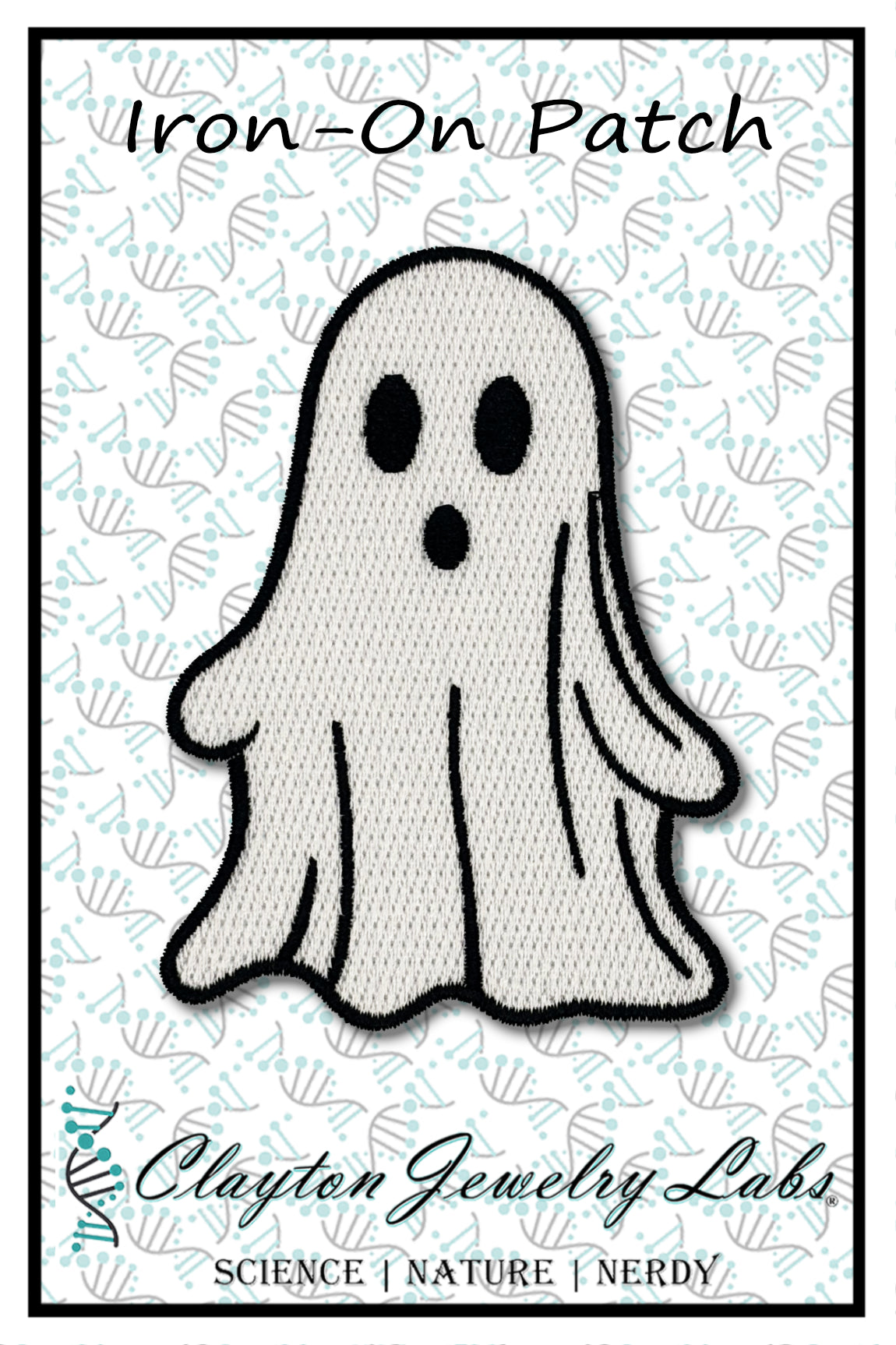 Ghost-shaped iron-on patch with 'Clayton Jewelry Labs' branding on a patterned background