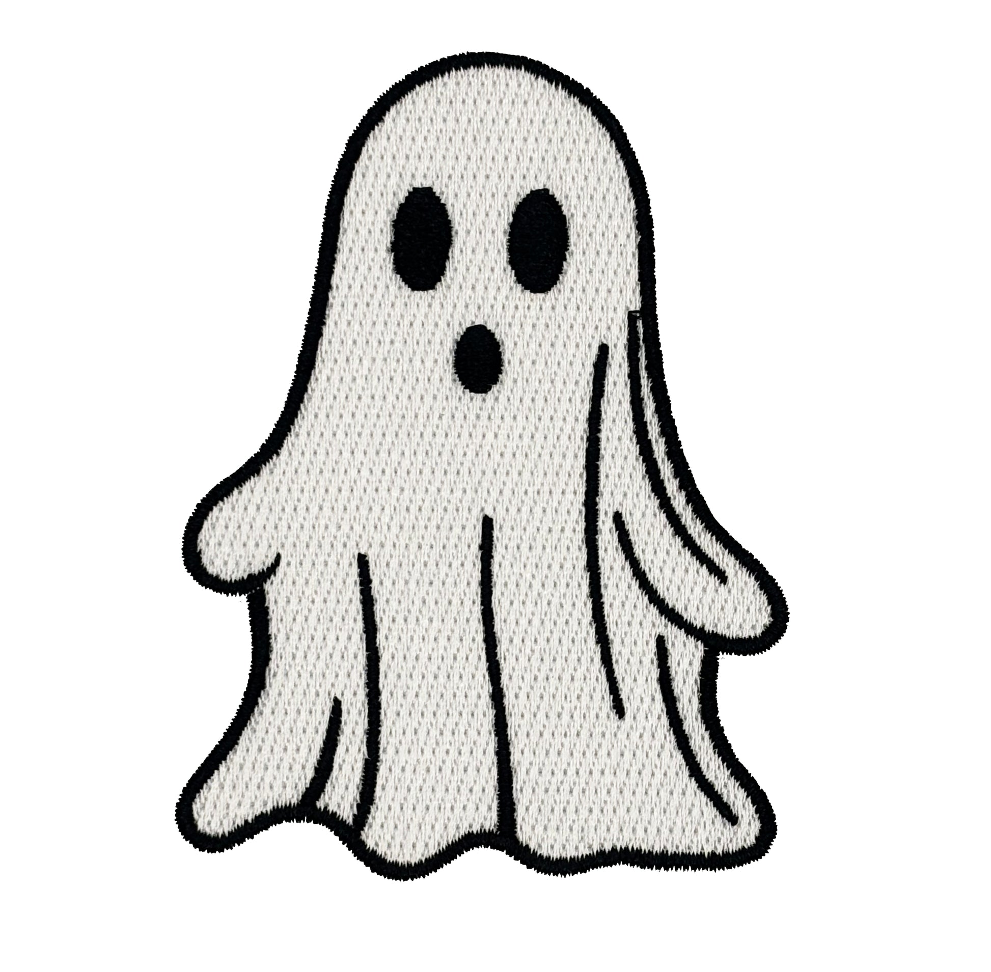 Black and white cartoon ghost patch on a white background