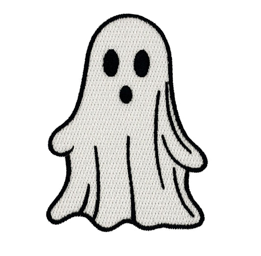 Black and white cartoon ghost patch on a white background