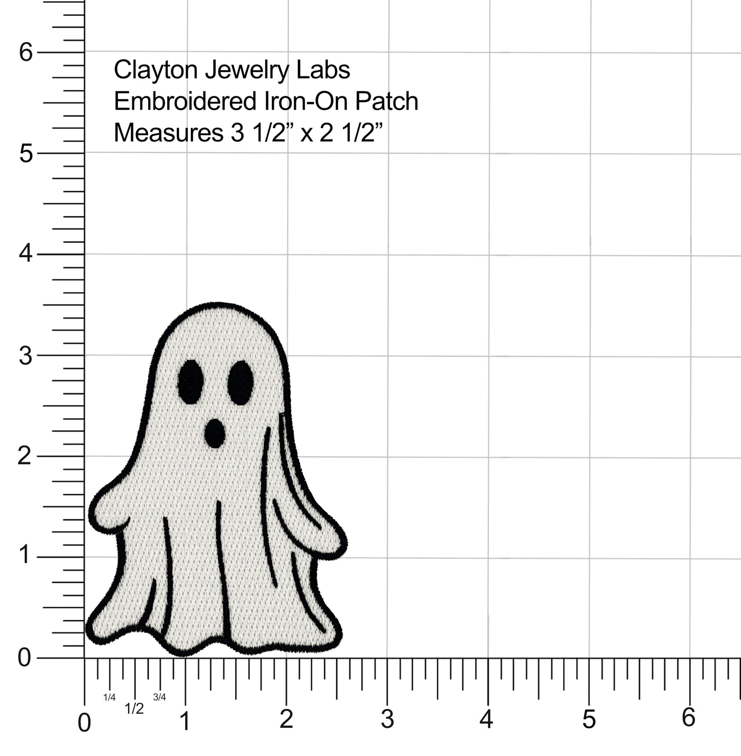 Embroidered ghost patch with measurement details on a grid background