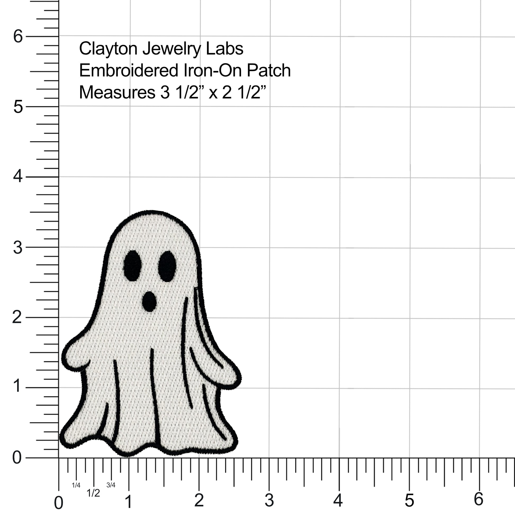 Embroidered ghost patch with measurement details on a grid background