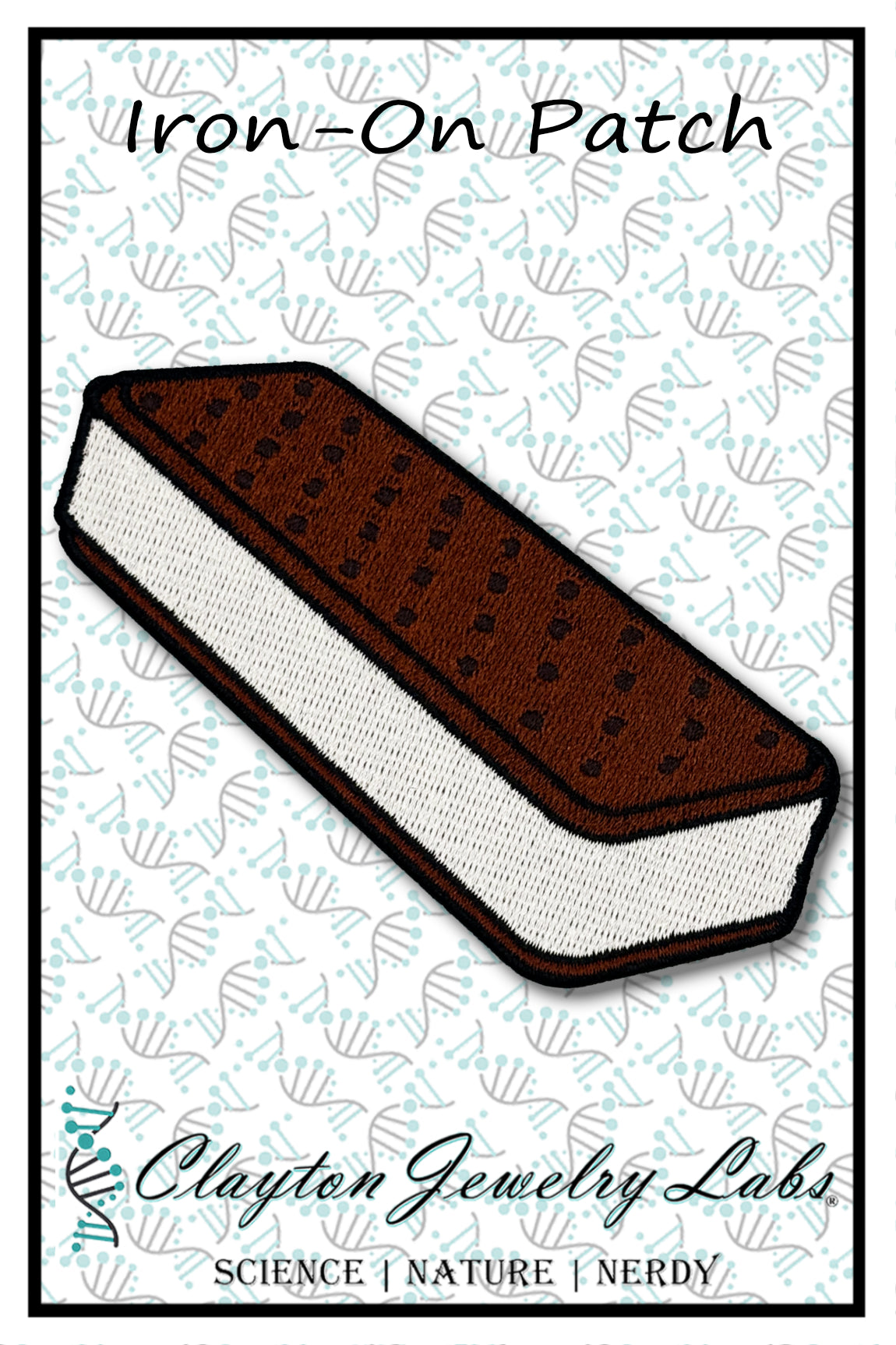 Ice cream sandwich patch with 'Clayton Jewelry Labs' branding on a patterned background