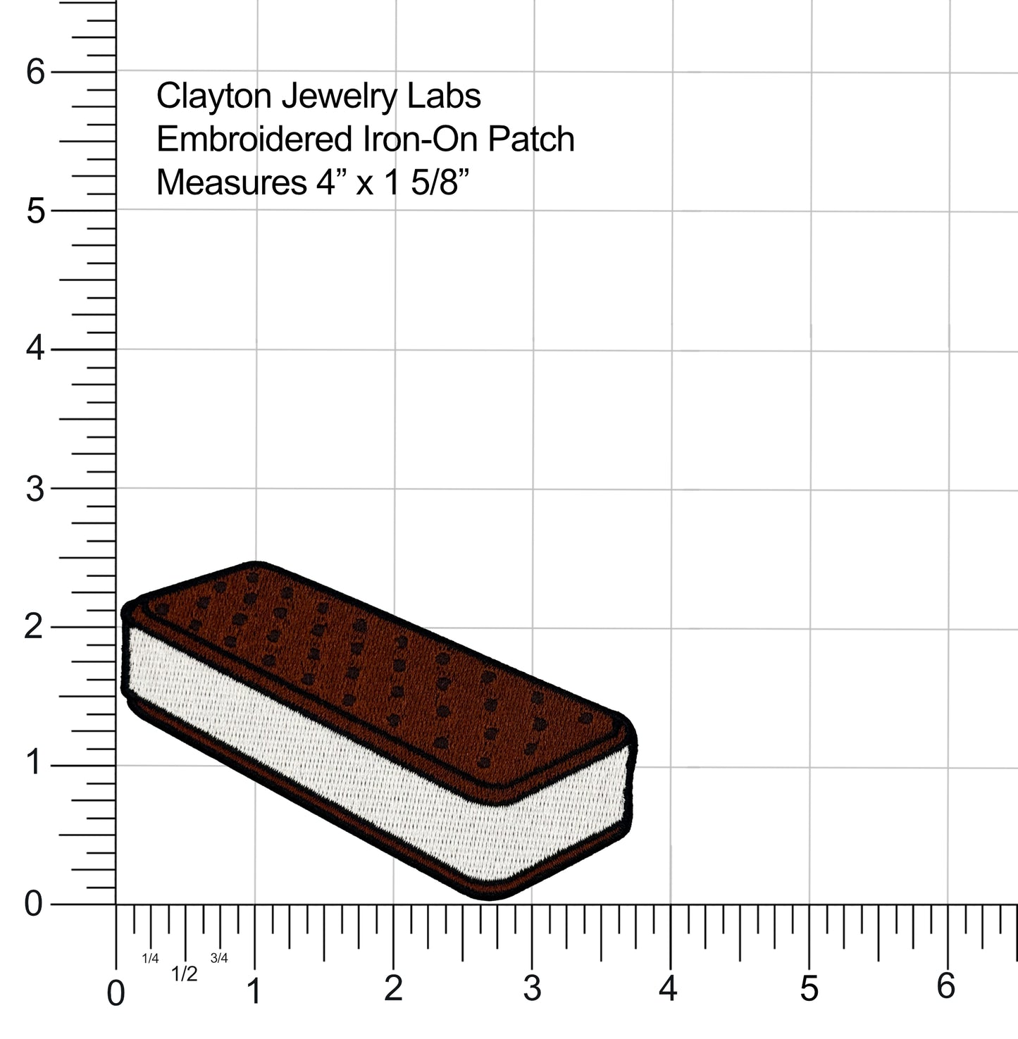 Rectangular embroidered patch of an ice cream sandwich on a grid background with measurement scale.