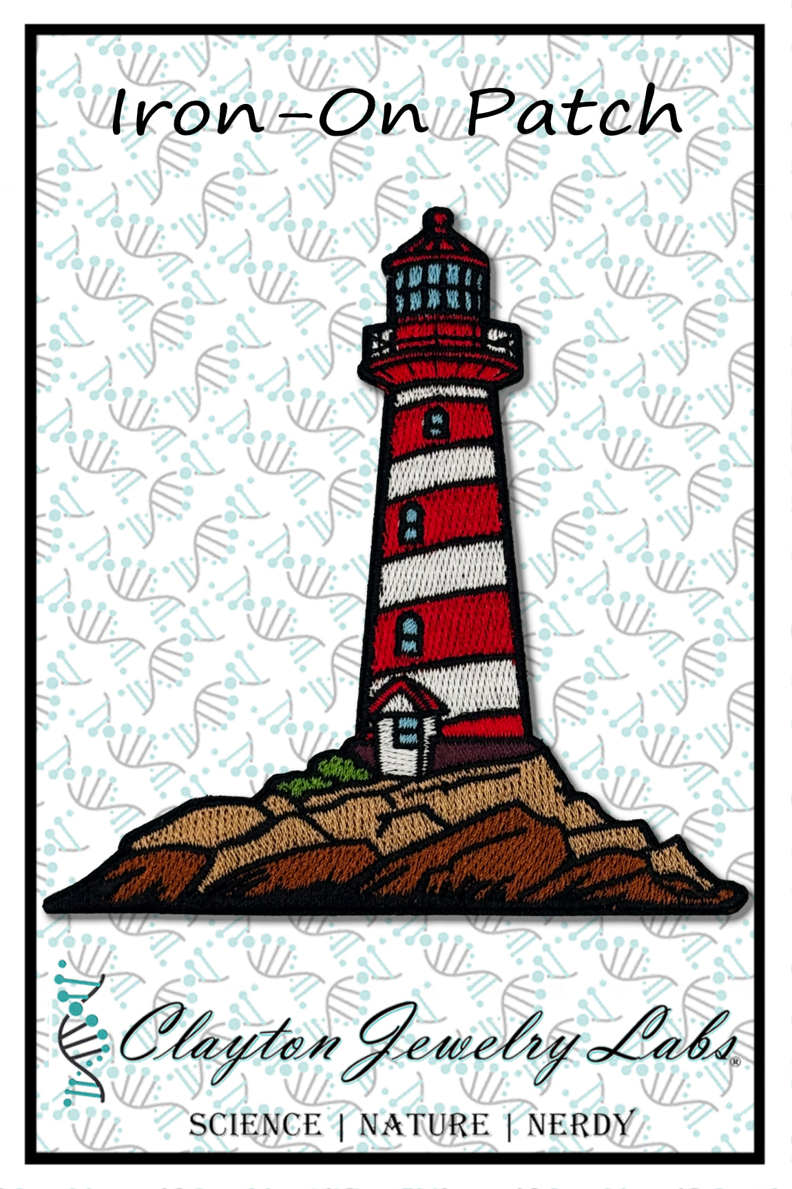 Iron-on patch of a lighthouse with 'Clayton Jewelry Labs' branding on a patterned background.