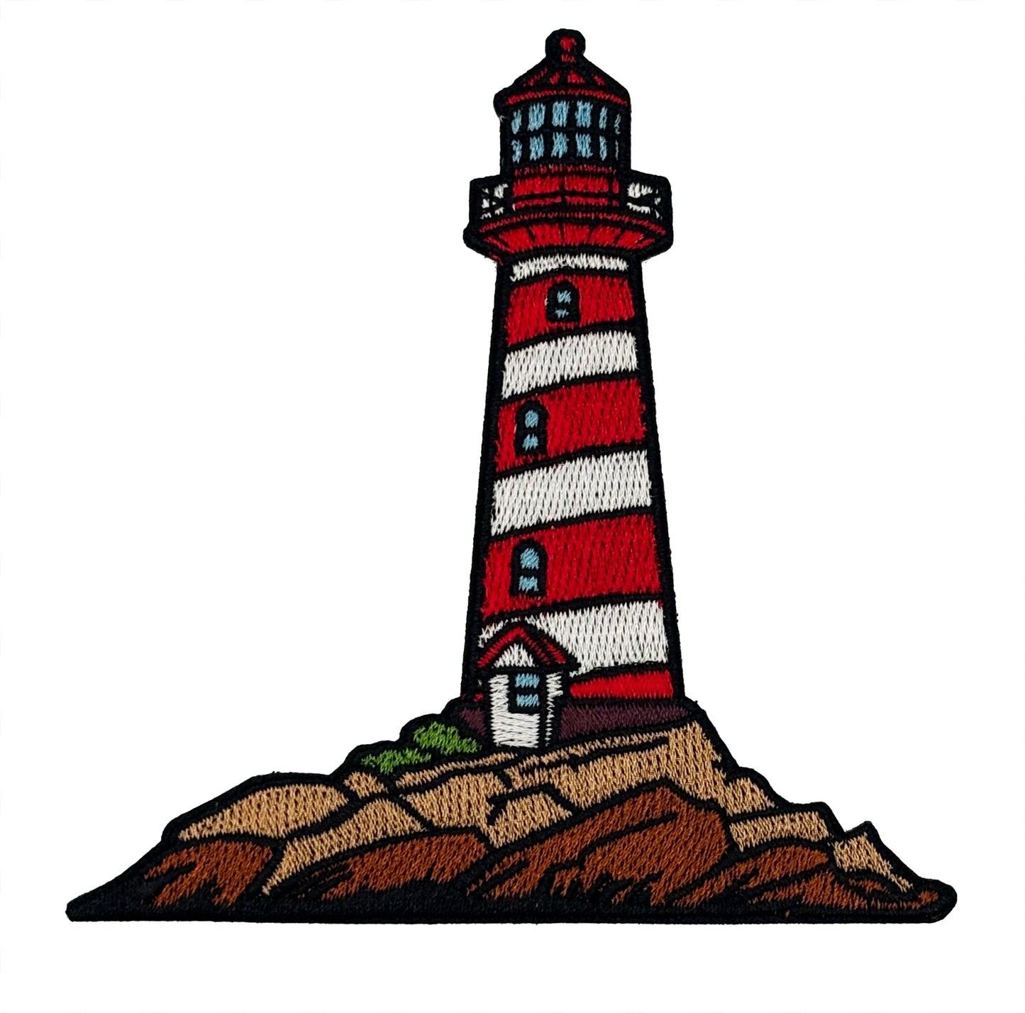 Embroidered patch of a lighthouse with red and white stripes on a white background