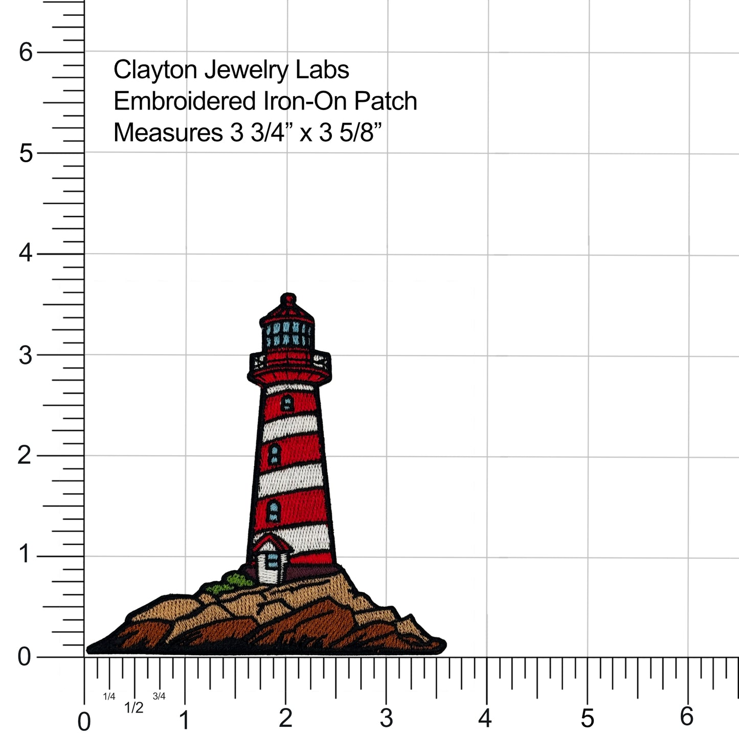 Embroidered lighthouse patch with size measurement on a grid background