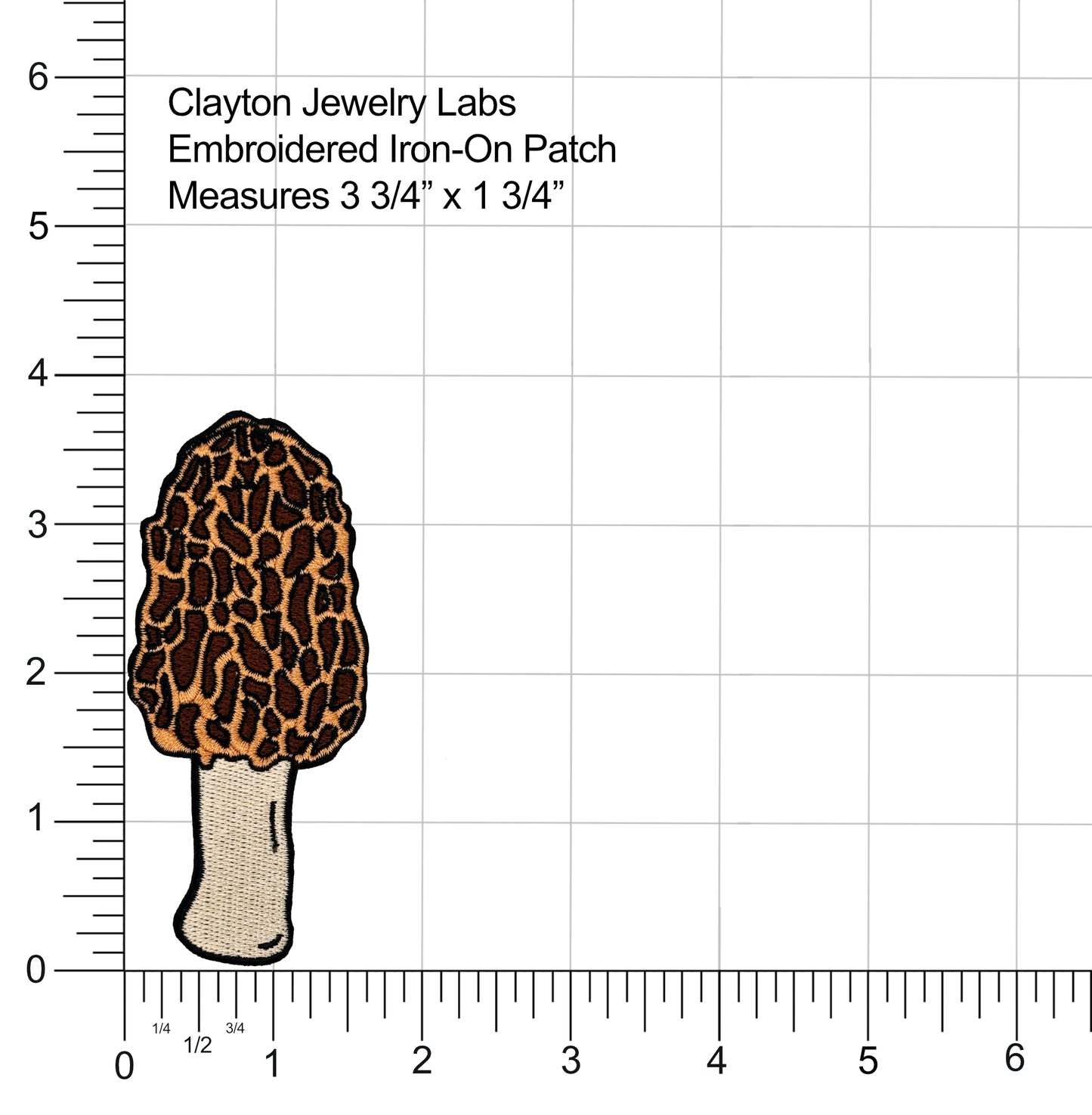 Embroidered iron-on patch of a mushroom with a ruler for scale on Clayton Jewelry Labs product card.