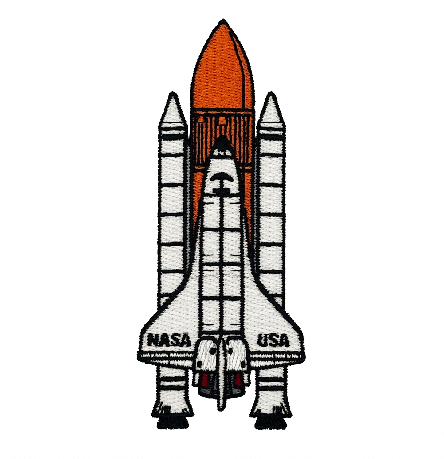 Embroidered patch of a space shuttle with NASA and USA text on a white background