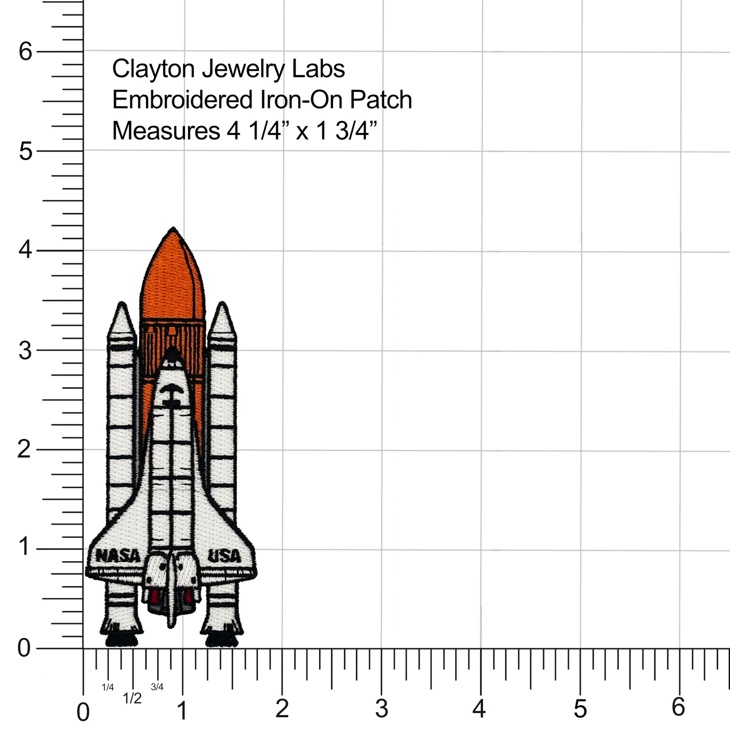Embroidered iron-on patch of a space shuttle with NASA branding on a grid background for scale.