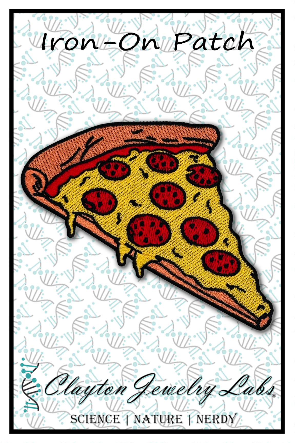 Pizza slice iron-on patch with 'Clayton Jewelry Labs' branding on a light background