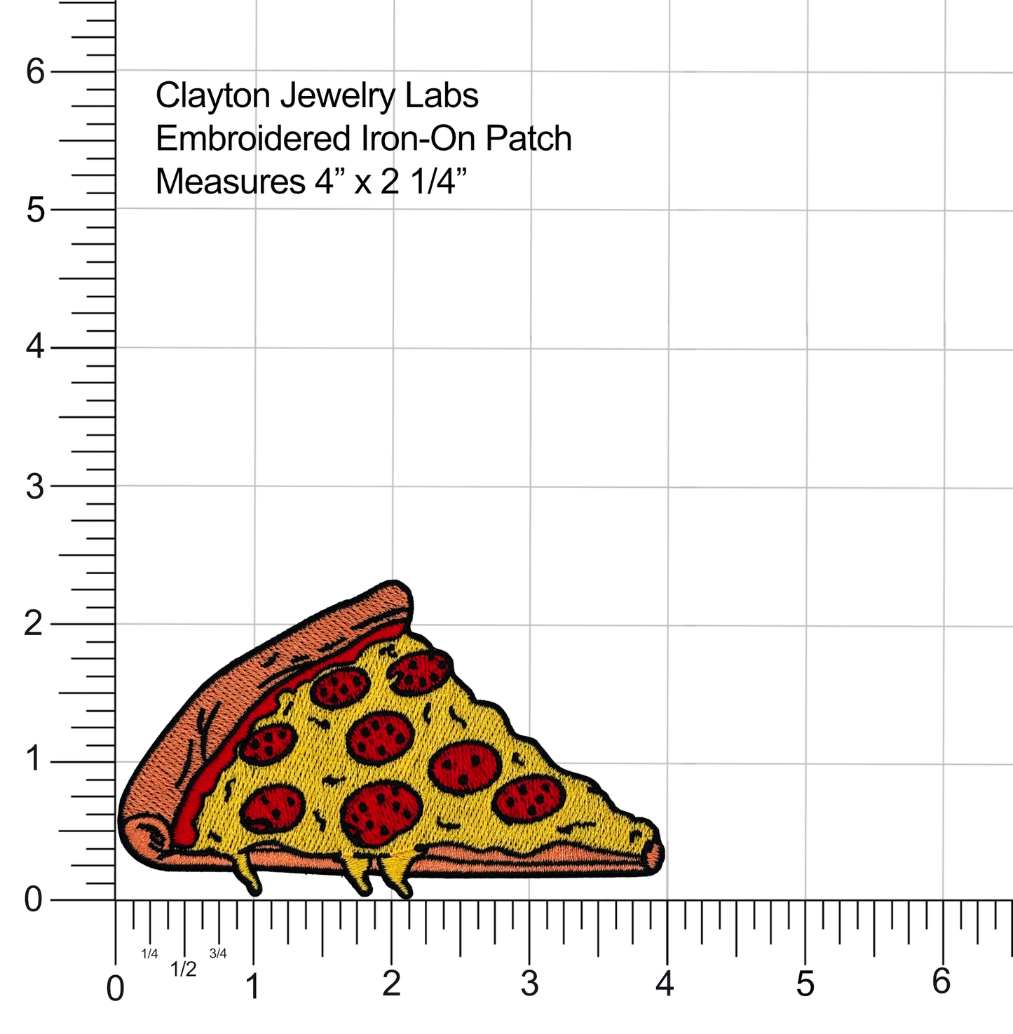 Pizza slice patch with measurement scale on a white background