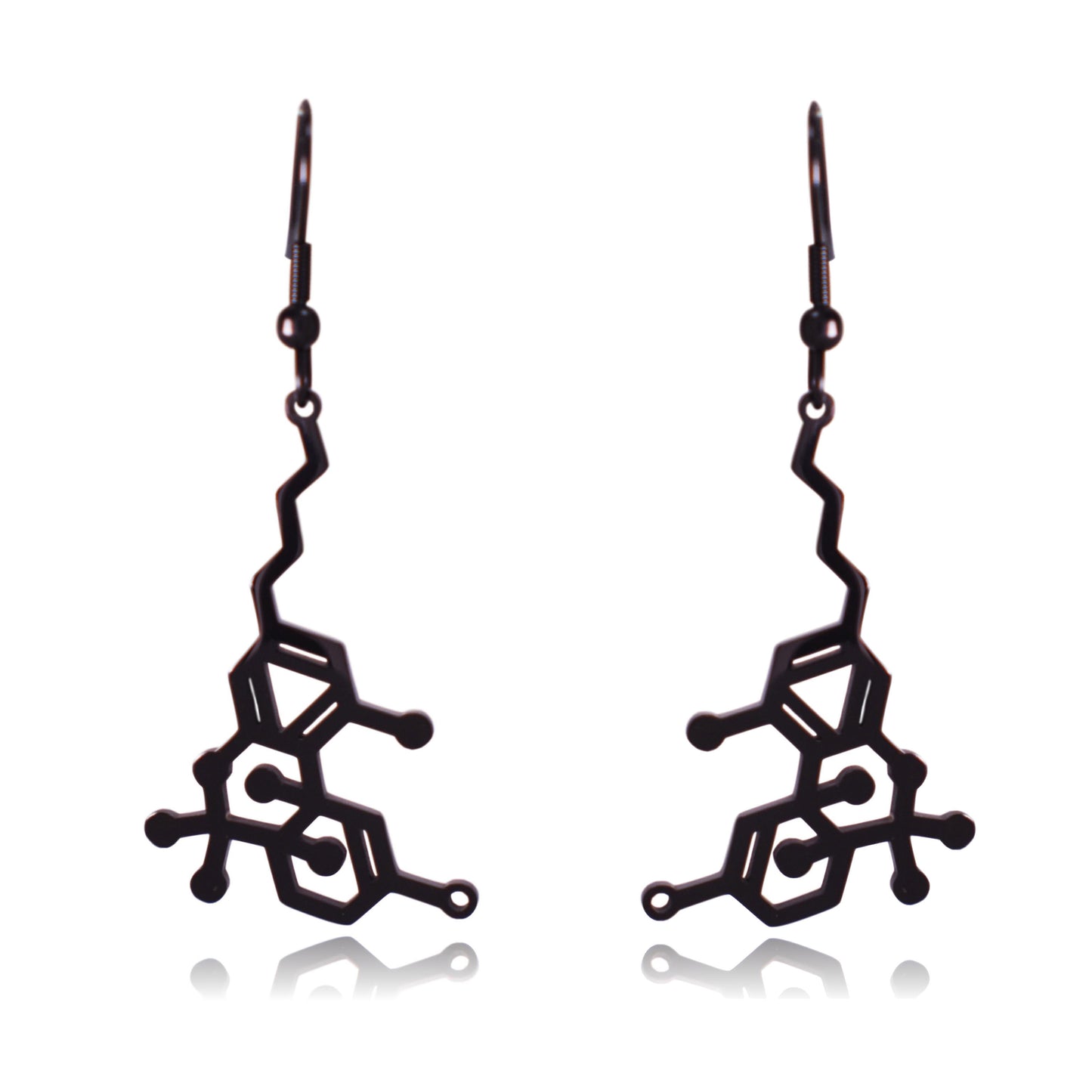 Black THC Tetrahydrocannabinol Marijuana Molecule Stainless Steel Dangle Earrings