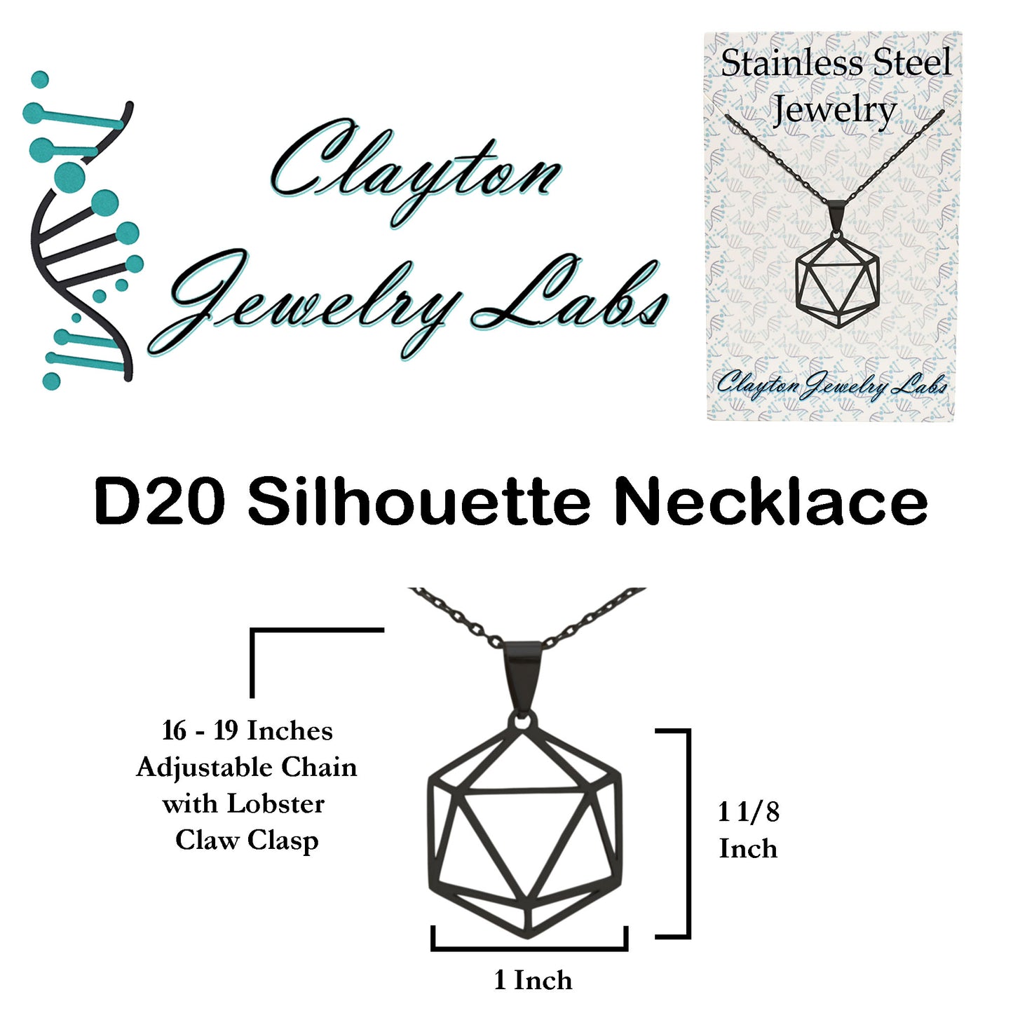 D20 Dice Silhouette Stainless Steel Necklace