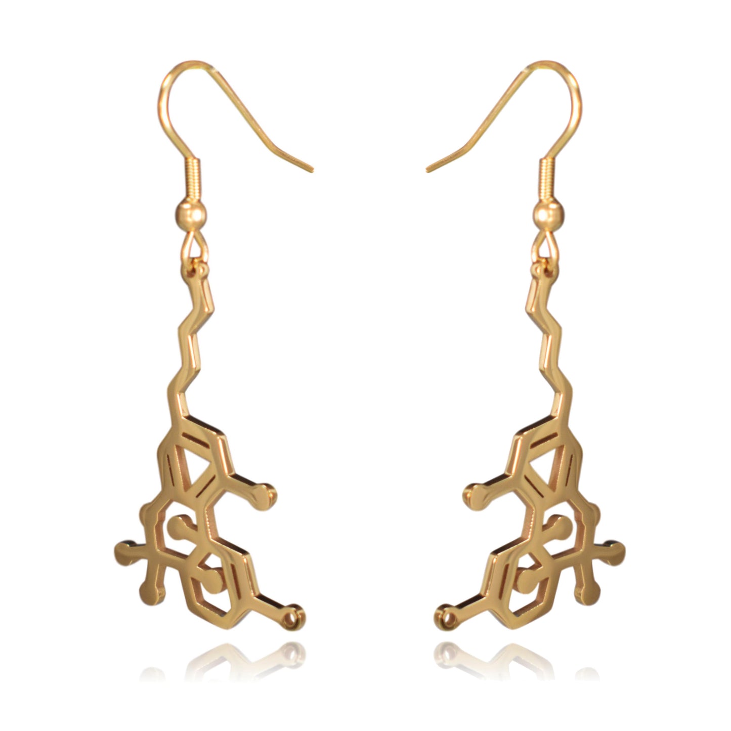 Gold THC Tetrahydrocannabinol Marijuana Molecule Stainless Steel Dangle Earrings