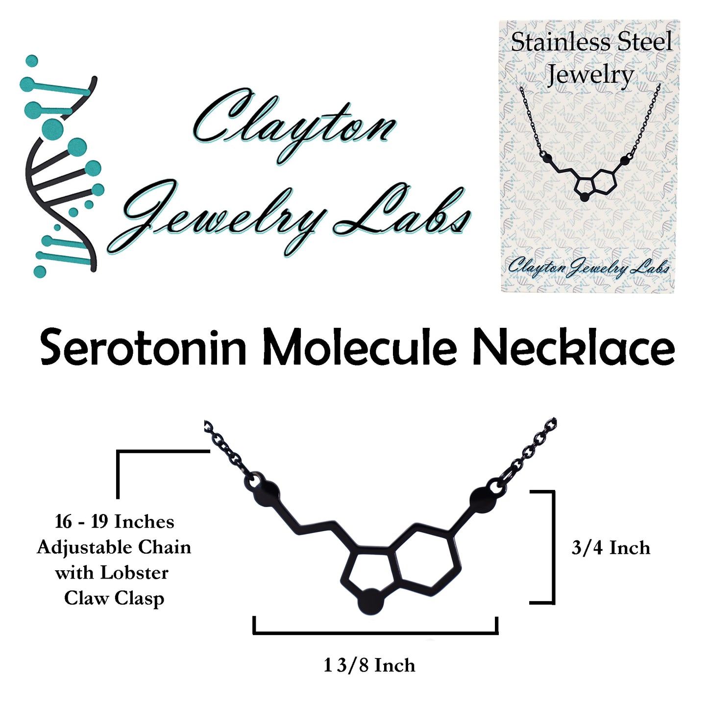 Serotonin Neurotransmitter Molecule Stainless Steel Necklace