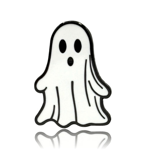 a white ghost with black eyes and a black nose