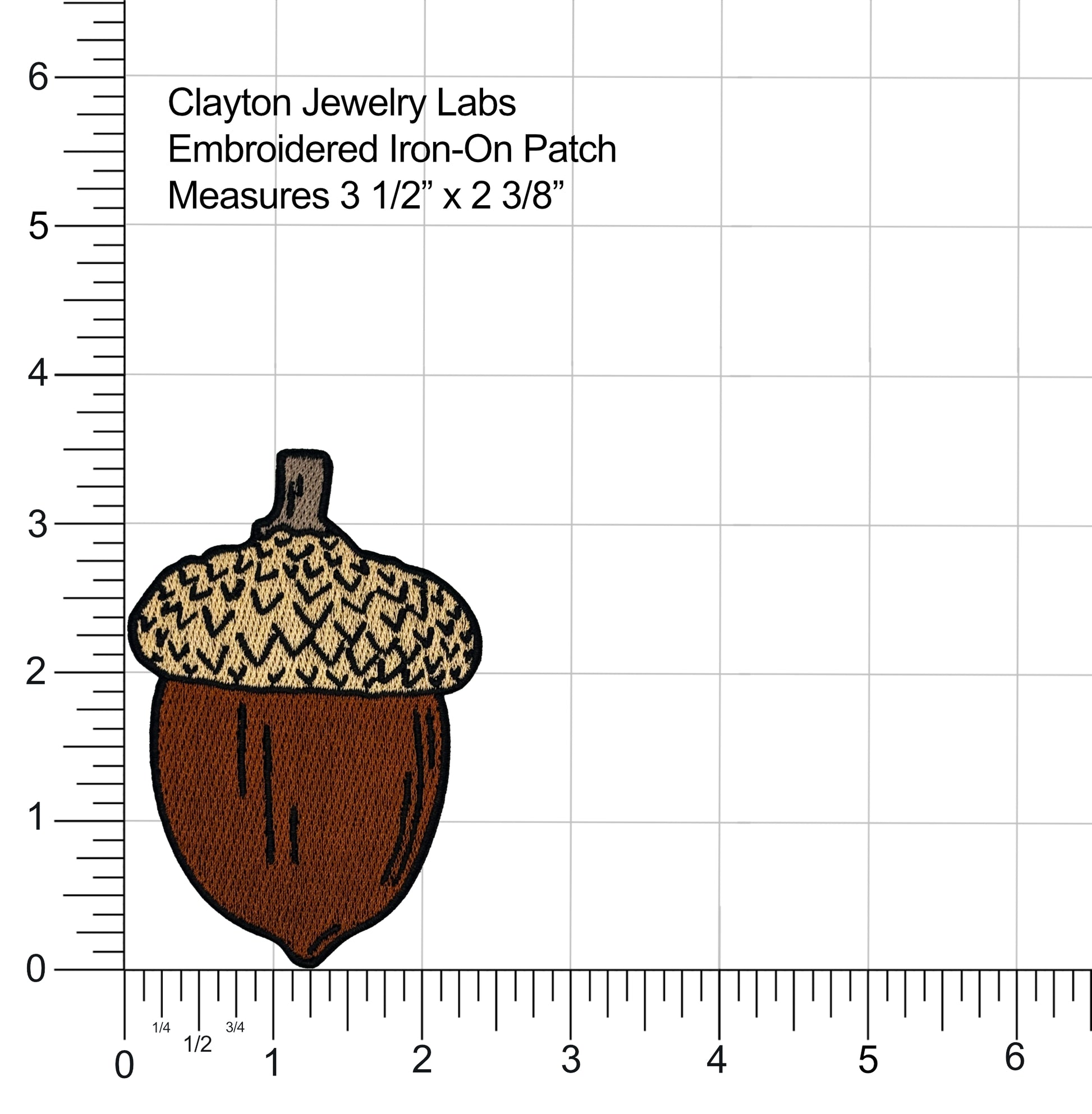 Embroidered acorn patch with measurement details on a grid background