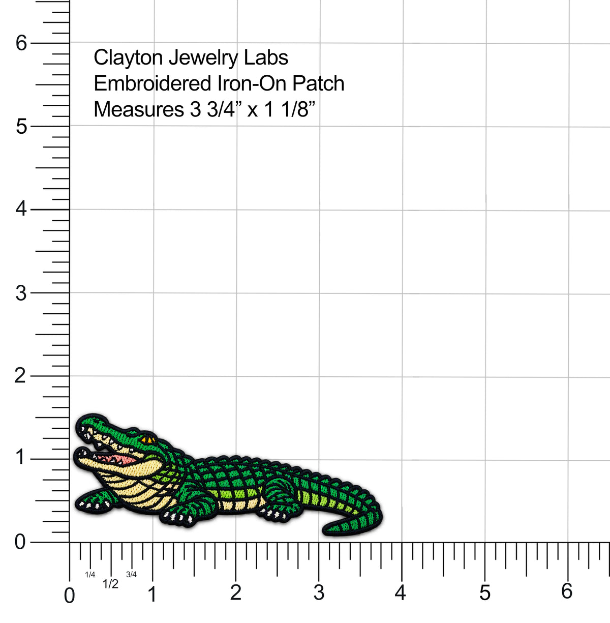 An embroidered iron-on patch shaped like a cartoon alligator, shown on a white background with measurement rulers and text reading 'Clayton Jewelry Labs Embroidered Iron-On Patch Measures 3 3/4" x 1 1/8"'.