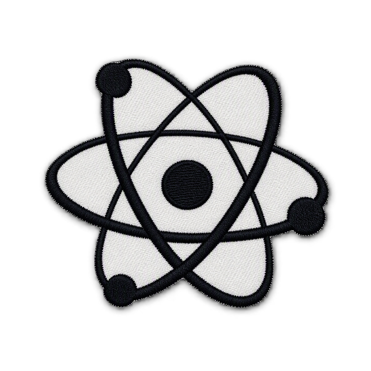 A black and white embroidered patch featuring an atom symbol with a central black circle and three orbiting electrons on a white background.