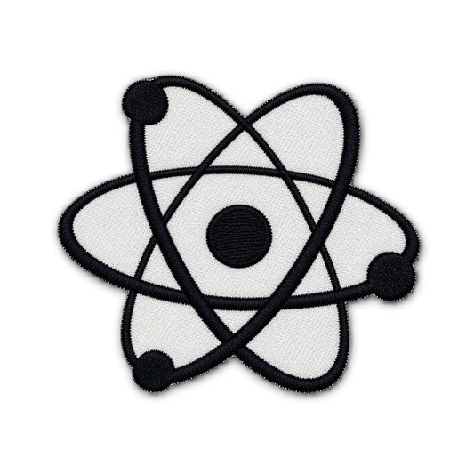 A black and white embroidered patch featuring an atom symbol with a central black circle and three orbiting electrons on a white background.