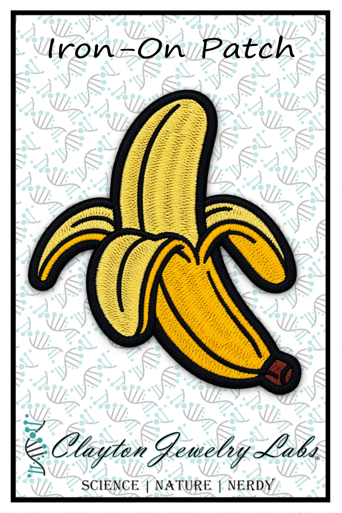 An embroidered iron-on patch shaped like a peeled yellow banana with black outlines, shown on a white patterned background with the text 'Iron-On Patch' at the top and 'Clayton Jewelry Labs' at the bottom.