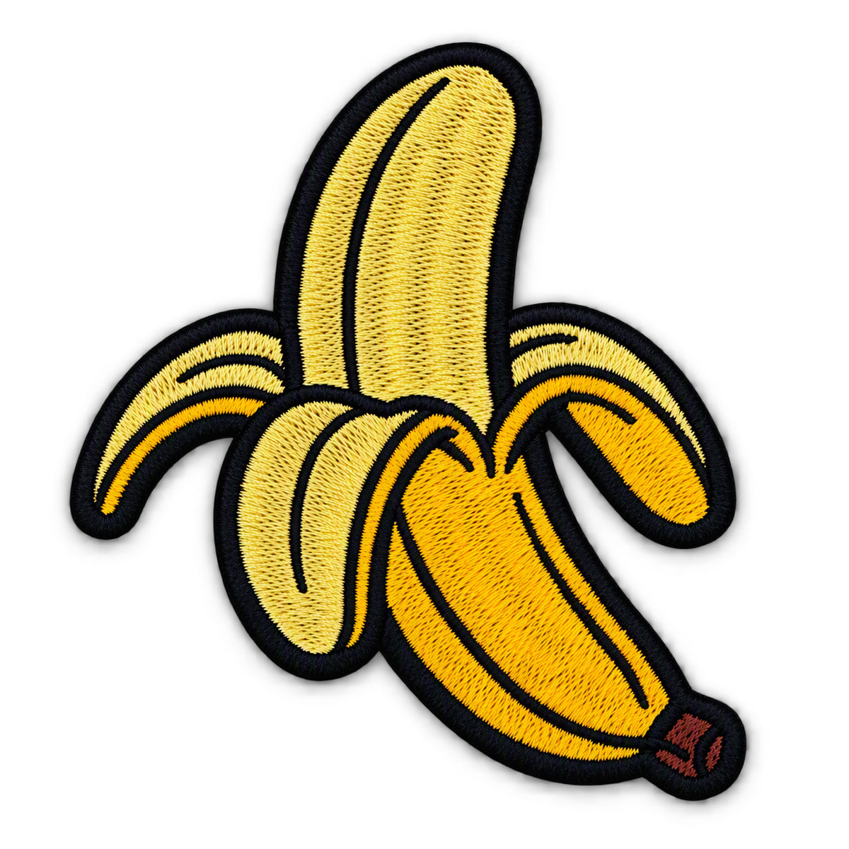 An embroidered patch of a peeled yellow banana with black stitched outlines on a plain white background.