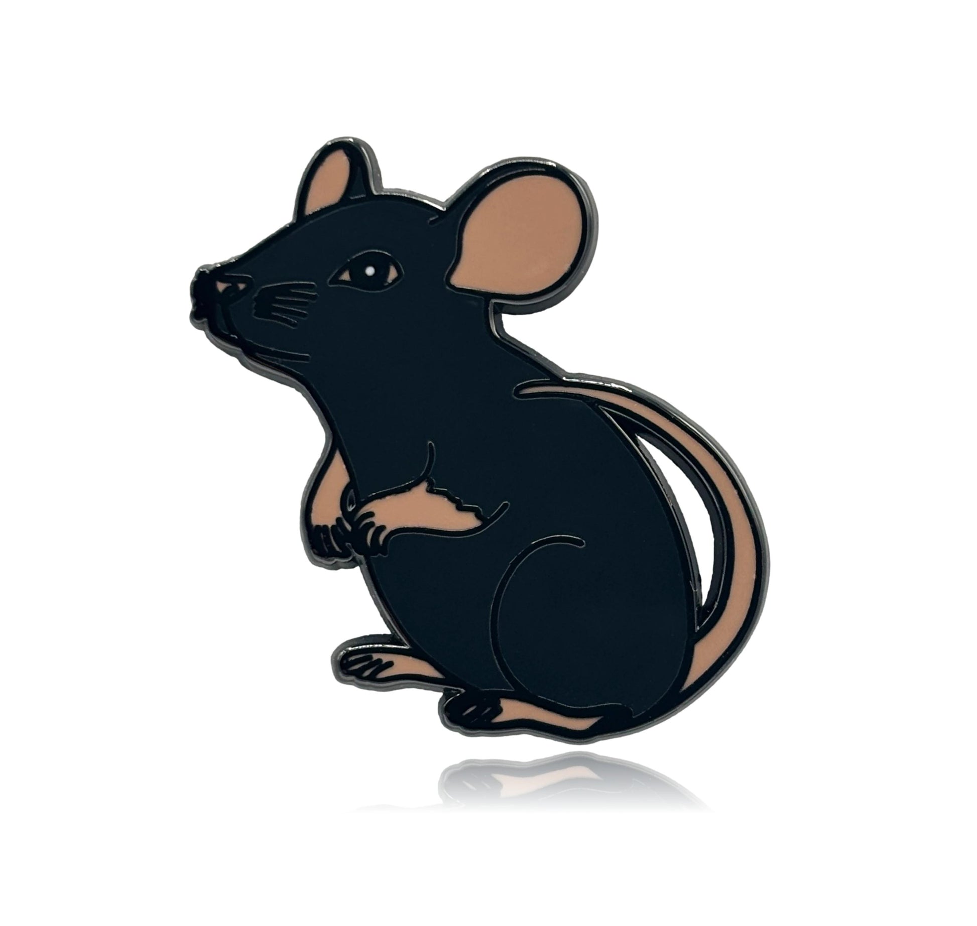 Black and brown mouse-shaped pin on a white background