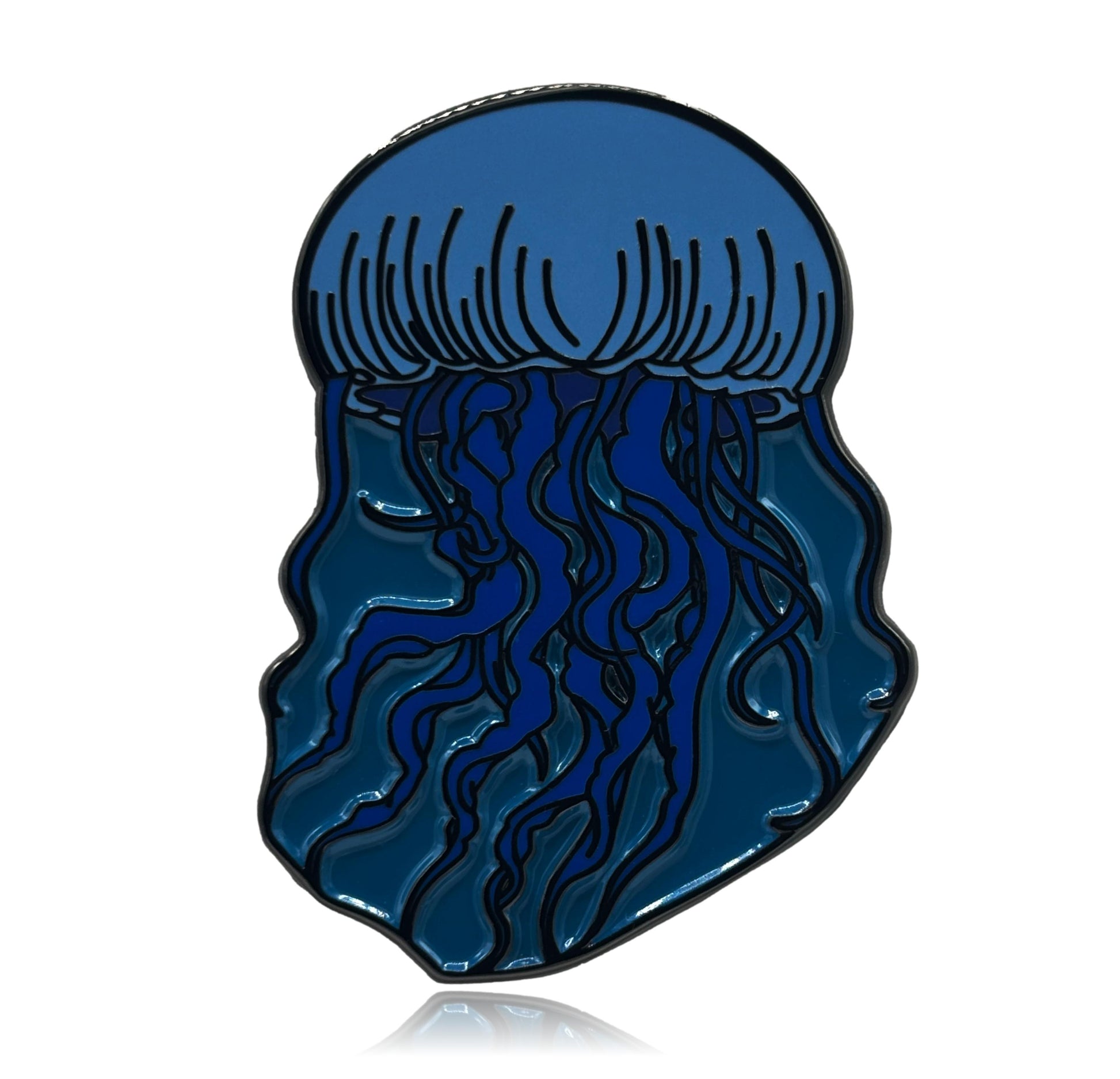 Blue jellyfish-shaped pin on a white background