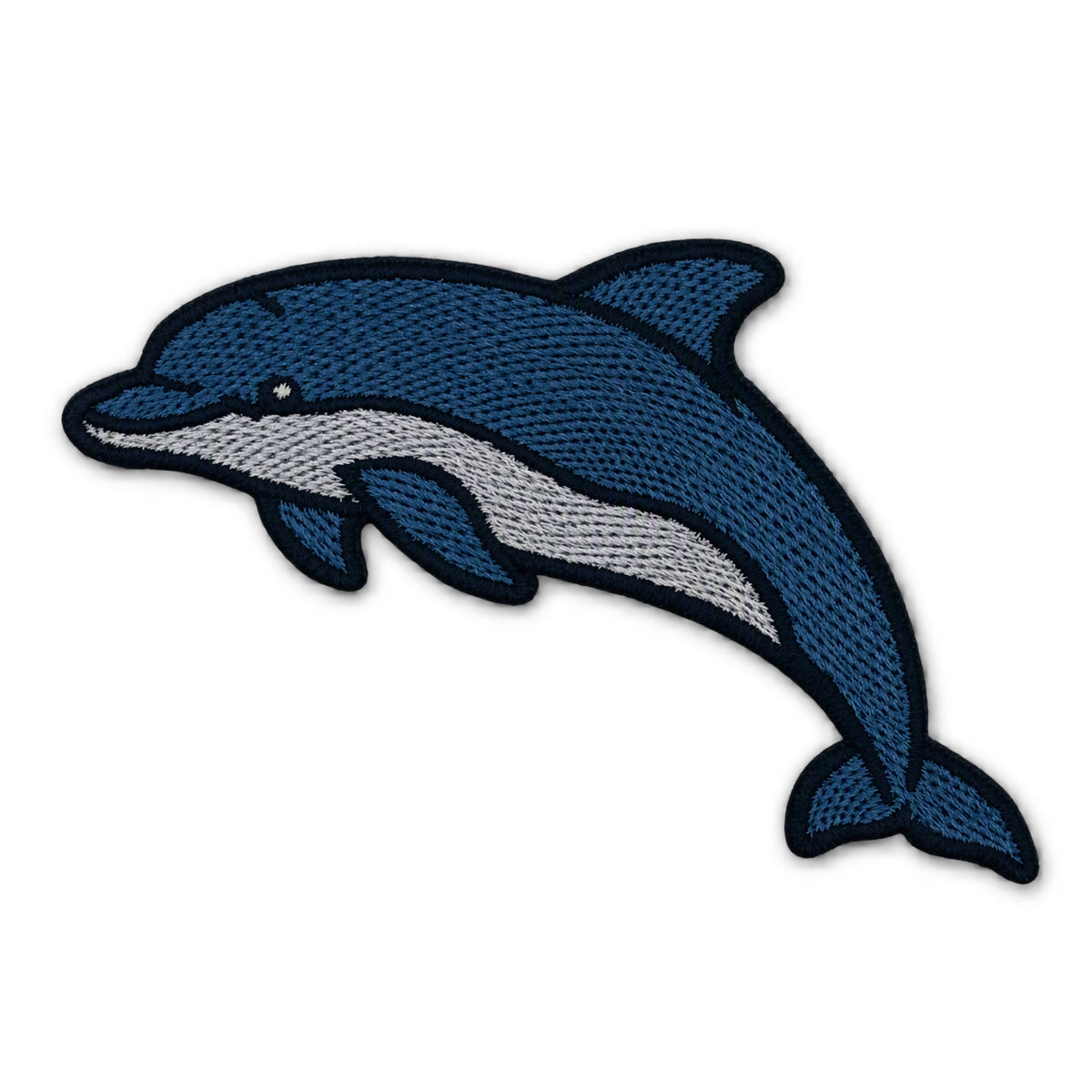 An embroidered patch of a leaping dolphin in shades of blue and gray with a black stitched border, shown on a plain white background.