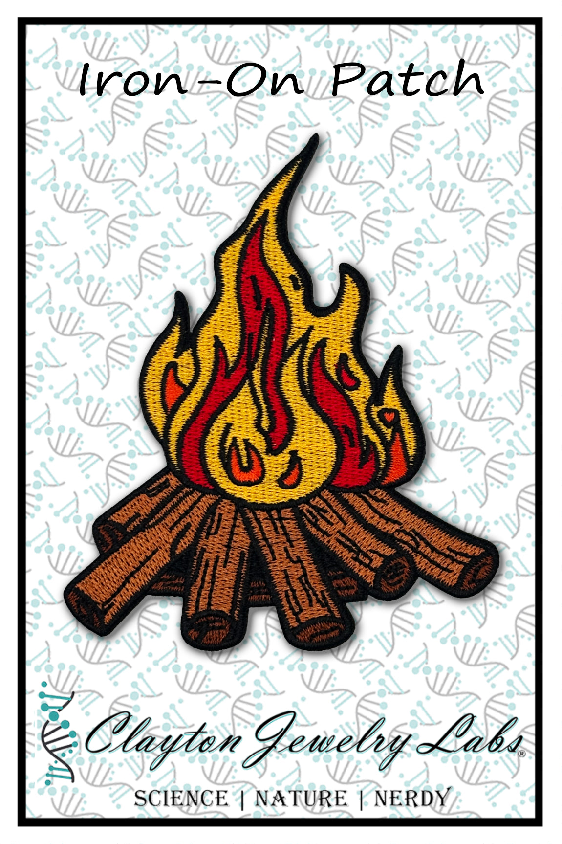 Iron-on patch of a campfire with flames on a white background, branded by Clayton Jewelry Labs.