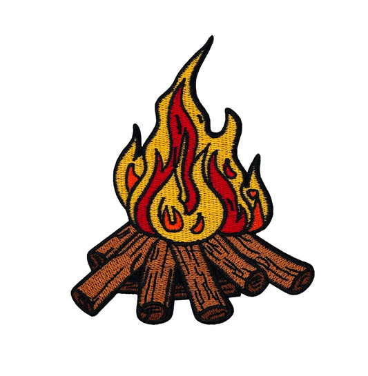 Embroidered patch of a campfire with flames on a white background