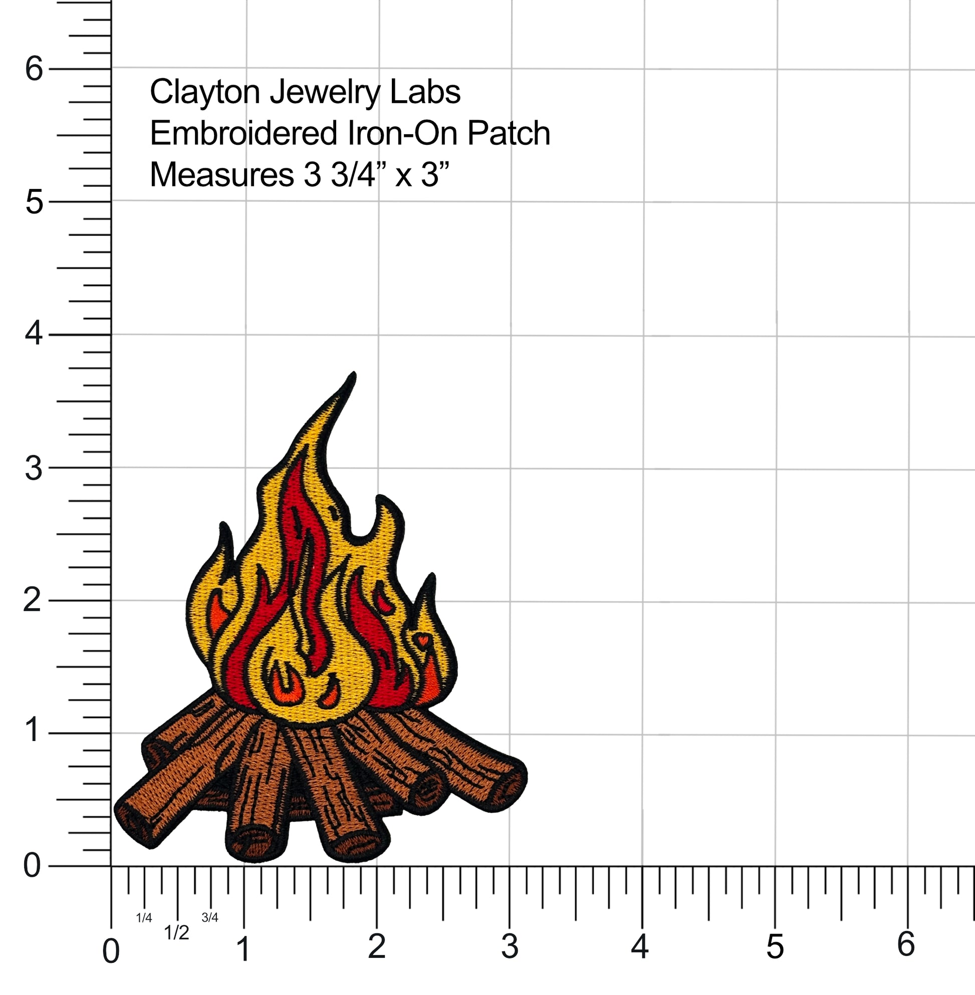 Embroidered iron-on patch of a campfire with measurement scale on the side