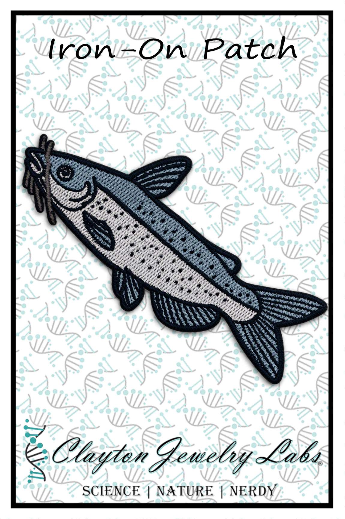 An embroidered iron-on patch of a channel catfish, shown on a branded white background card. The patch is primarily gray and black with white speckling.