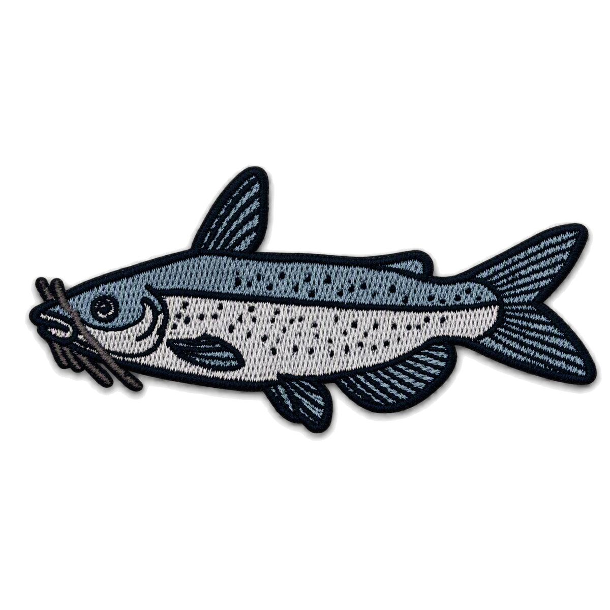 An embroidered patch of a channel catfish, featuring a speckled gray and blue body with black outlines and details, set against a plain white background.