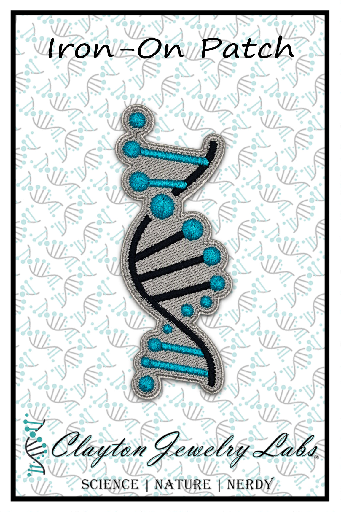 An embroidered iron-on patch shaped like a double helix DNA strand, featuring black and gray stitched lines with bright turquoise blue accents, shown on a white patterned background with the text 'Iron-On Patch' and 'Clayton Jewelry Labs'.