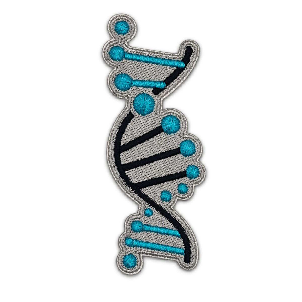 An embroidered patch depicting a double helix DNA structure, featuring gray and black thread with bright blue accents, set against a plain white background.