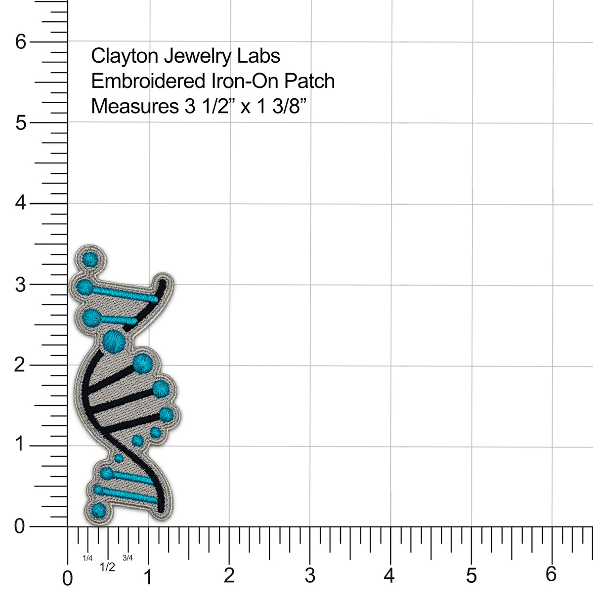 An embroidered iron-on patch shaped like a DNA double helix, shown on a white grid background with measurement markings. Text at the top reads 'Clayton Jewelry Labs Embroidered Iron-On Patch Measures 3 1/2" x 1 3/8"'.