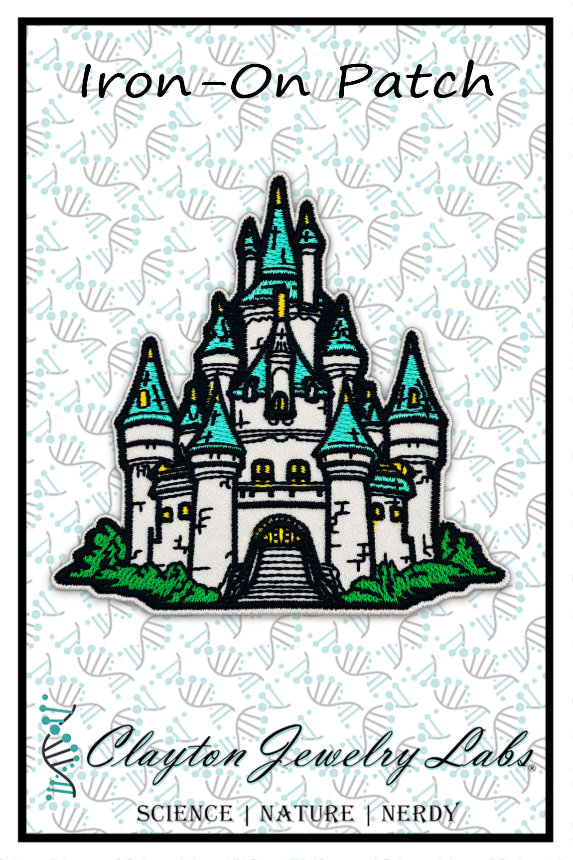 An embroidered patch featuring a whimsical castle with teal-blue spires, a white stone facade, green grass, and black outlines. The patch is displayed on a white background with a faint repeating pattern, with the text 'Iron-On Patch' at the top and 'Clayton Jewelry Labs' at the bottom.