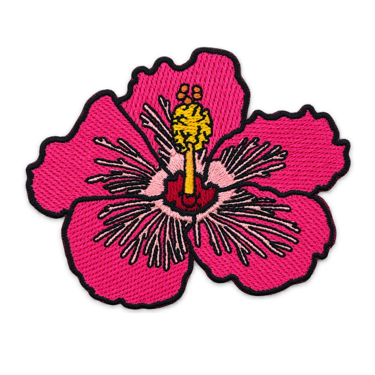 A pink hibiscus flower embroidered patch with black stitched outlines, a yellow center, and white stamens on a plain white background.