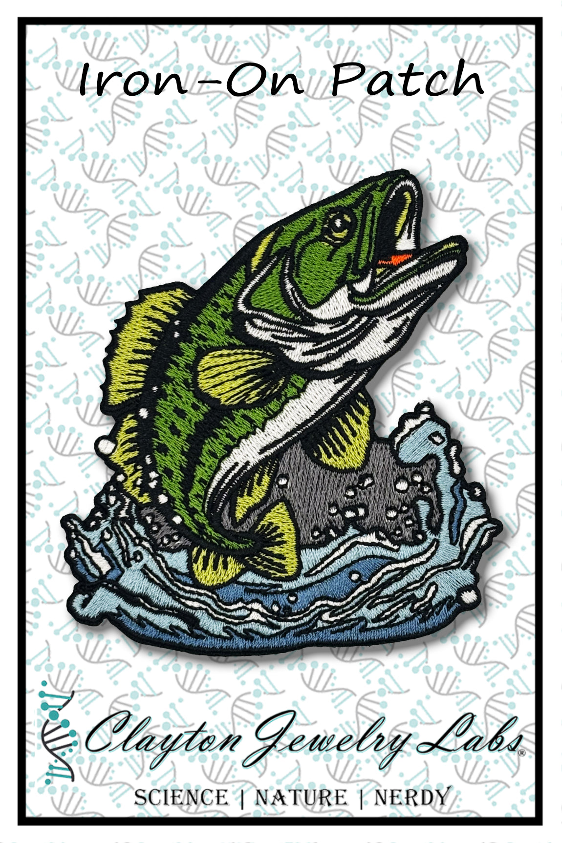 Iron-on patch of a fish with 'Clayton Jewelry Labs' branding on a light background.