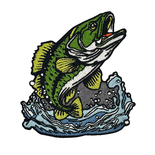 Embroidered patch of a fish leaping out of water on a white background