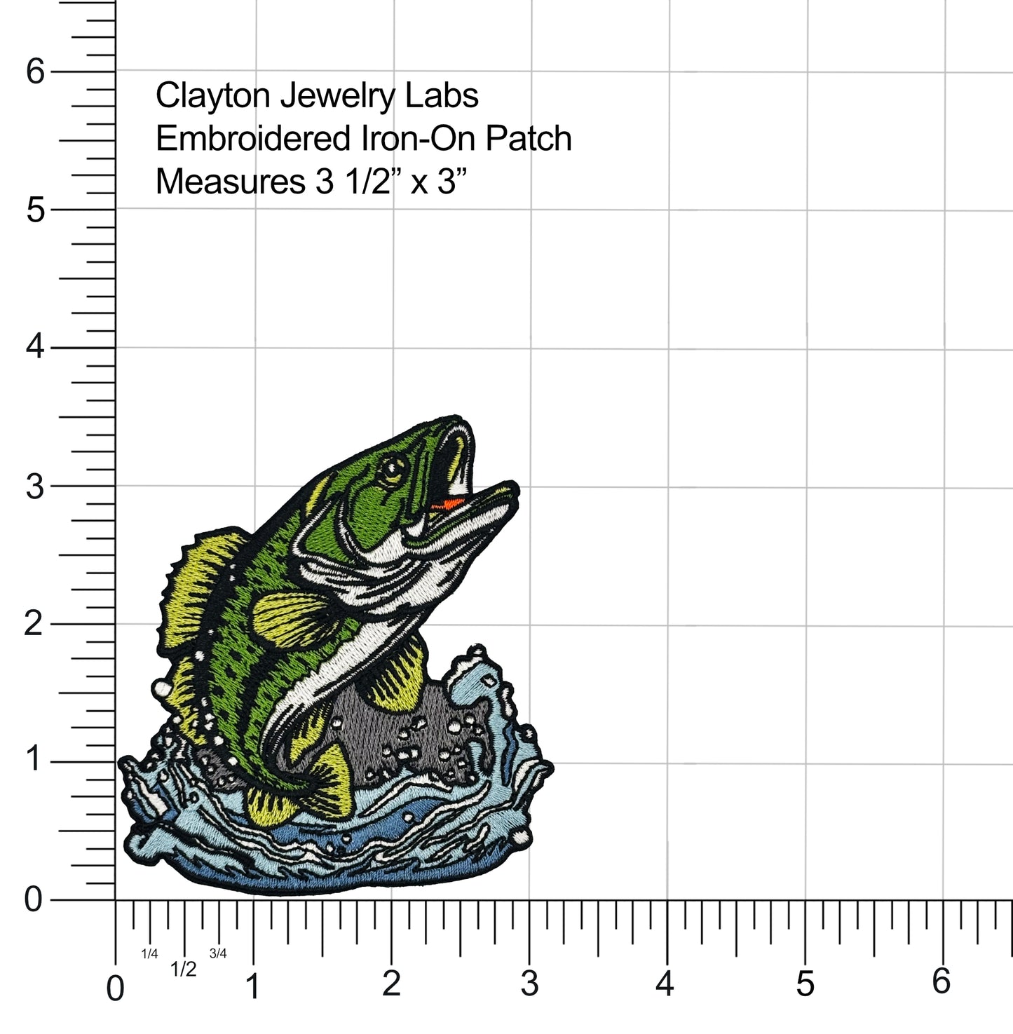 Embroidered fish patch with measurement scale on a white background