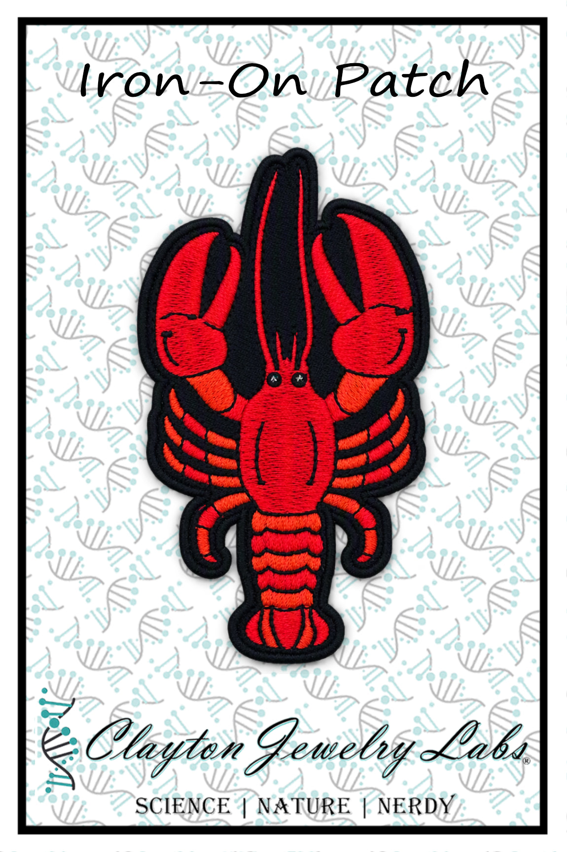 An embroidered iron-on patch shaped like a lobster, shown on a branded backing card. The patch is bright red with black embroidered outlines and details.