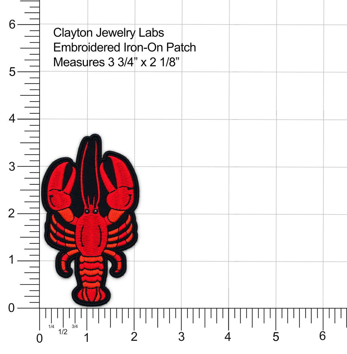A red lobster-shaped embroidered iron-on patch with black outline and black text reading 'Clayton Jewelry Labs Embroidered Iron-On Patch Measures 3 3/4" x 2 1/8"' on a white grid background with inch rulers along the left and bottom edges.