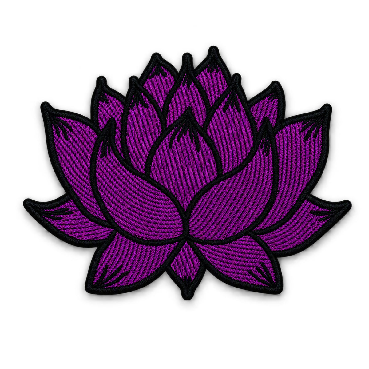 A purple embroidered lotus flower patch with black stitched outlines, shown on a plain white background.